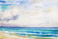 Watercolor seascape original painting colorful of sea view,beach.