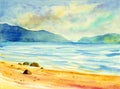 Watercolor seascape original painting colorful of sea view,beach.