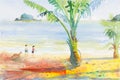 Watercolor seascape painting colorful of Boys and girls on the beach