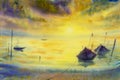 Watercolor seascape painting colorful of fishing boat in sun eve Royalty Free Stock Photo