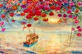 Watercolor seascape painting colorful of red roses with fishing boat Royalty Free Stock Photo