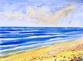 Watercolor seascape painting colorful of sea view, beach. Royalty Free Stock Photo