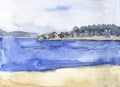 Watercolor seascape, sand, sea mountain and sky. Royalty Free Stock Photo