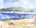 Watercolor seascape, sand, sea mountain and sky.