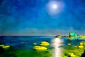 Watercolor. Seascape sea. Night view of the sea from the city pier Royalty Free Stock Photo