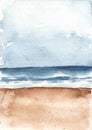Watercolor seascape, sea and sky, sea horizon, seashore, beach, sand
