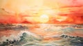 Watercolor seascape with sea waves and sun at sunset. Digital watercolor painting. Printable artwork. Generative AI