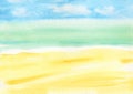 Watercolor seascape with sky, sea, clouds, yellow sand, coast. Hand drawn sketch, summer illustration