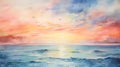 Watercolor seascape with sunset with beautiful sky and clouds. Digital watercolor painting. Printable artwork