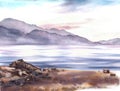 Watercolor Seascape sunset with mountains silhouettes and sandy shore with stones Hand drawn