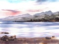 Watercolor Seascape sunset with mountains silhouettes and sandy shore with stones Hand drawn