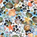 Watercolor seashells and sea stones hand drawn seamless pattern. Royalty Free Stock Photo