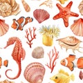 Watercolor Seashells, seahorse, starfish and fish, seamless pattern