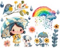 Watercolor season weather clipart. Rainy day. Cartoon cute little girl and her dog standing with umbrella under the rain. Royalty Free Stock Photo