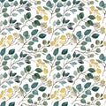 Watercolor seeded eucalyptus pattern. Golden and green leaves. Greenery branches background.