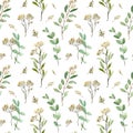 Watercolor seeded eucalyptus pattern. Green leaves. Greenery branches background.