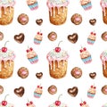 Watercolor desserts seamless pattern. Hand painted birthday treats- cake, caupcake, cookie, chocolate candy.