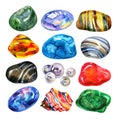 Watercolor semiprecious stones set. Bright watercolor multicolored crystal stones gems on white background.