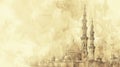 Watercolor sepia background complements a sketch of a grand mosque tower for a Ramadan greeting card with free copy