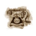 Watercolor sepia old telephone. illustration on white