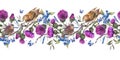 Watercolor seqamless border with pair of birds on a branch, thistle, berries