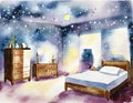 Watercolor of A serene bedroom features a inviting glowing beneath a starry night