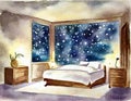 Watercolor of A serene bedroom features a inviting glowing beneath a starry night