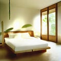Watercolor of A serene Zen Bedroom with natural Bamboo accents
