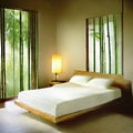 Watercolor of A serene Zen Bedroom with natural Bamboo accents