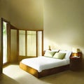 Watercolor of A serene Zen Bedroom with natural Bamboo accents