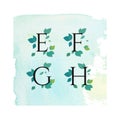 Watercolor Serif Font with Leafs, Green Flowers, Spring Summer Design for Wedding Invitation, Postcards, Logo, Visual Identity