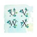Watercolor Serif Font with Leafs, Green Flowers, Spring Summer Design for Wedding Invitation, Postcards, Logo, Visual Identity