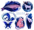 Watercolor set of animals in classic blue colors Panton 2020.
