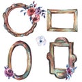 Watercolor Set of Antique Golden Frame with Flowers, Hand Painte