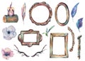 Watercolor Set of Antique Golden Wooden Frame with Flowers, Horn