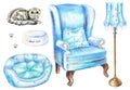 Watercolor set with armchair, floor lamp, cat, bowl, and pet bed