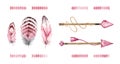 Watercolor set with arrows and feathers. Collection of boho elements for construction arrows. Hand painted illustration