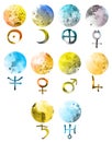 Watercolor planet symbols Royalty Free Stock Photo