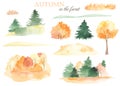Watercolor set with autumn landscapes with autumn trees, firs, pines, grass, glades