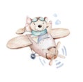 Watercolor set baby cartoon cute pilot aviation background illustration of fancy sky transport complete with airplanes