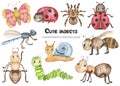 Watercolor set with baby cute cartoon insects.