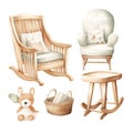 Watercolor set of baby furniture in a Scandinavian style, featuring natural materials and minimalism.