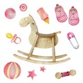 Watercolor set of baby girl pink elements with wooden toys. Rocking horse, pacifier, bottle and pin illustration. Its a girl set Royalty Free Stock Photo