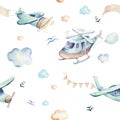 Watercolor set background illustration of a cute cartoon and fancy sky scene complete with airplanes, helicopters, plane