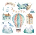 Watercolor set background illustration of a cute cartoon and fancy sky scene complete with airplanes, helicopters, plane