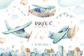 Watercolor set background illustration of a cute cartoon and fancy sky scene complete with airplanes, helicopters, plane