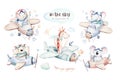 Watercolor set baby cartoon cute pilot giraffe, elephant with koala, bear and bird aviation sky transport complete with Royalty Free Stock Photo