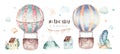 Watercolor set of balloons baby cartoon cute pilot aviation illustration of fancy sky transport balloon and clouds