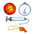 Watercolor set of basketball coach ball, pump, whistle, stopwatch