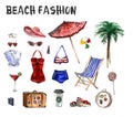 Watercolor set of beach fashion icons Royalty Free Stock Photo